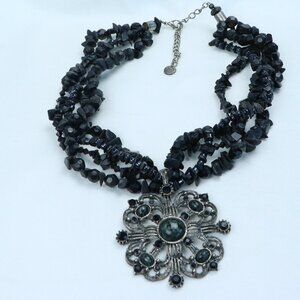 Black Beaded Statement Necklace with Ornate Medallion Pendant